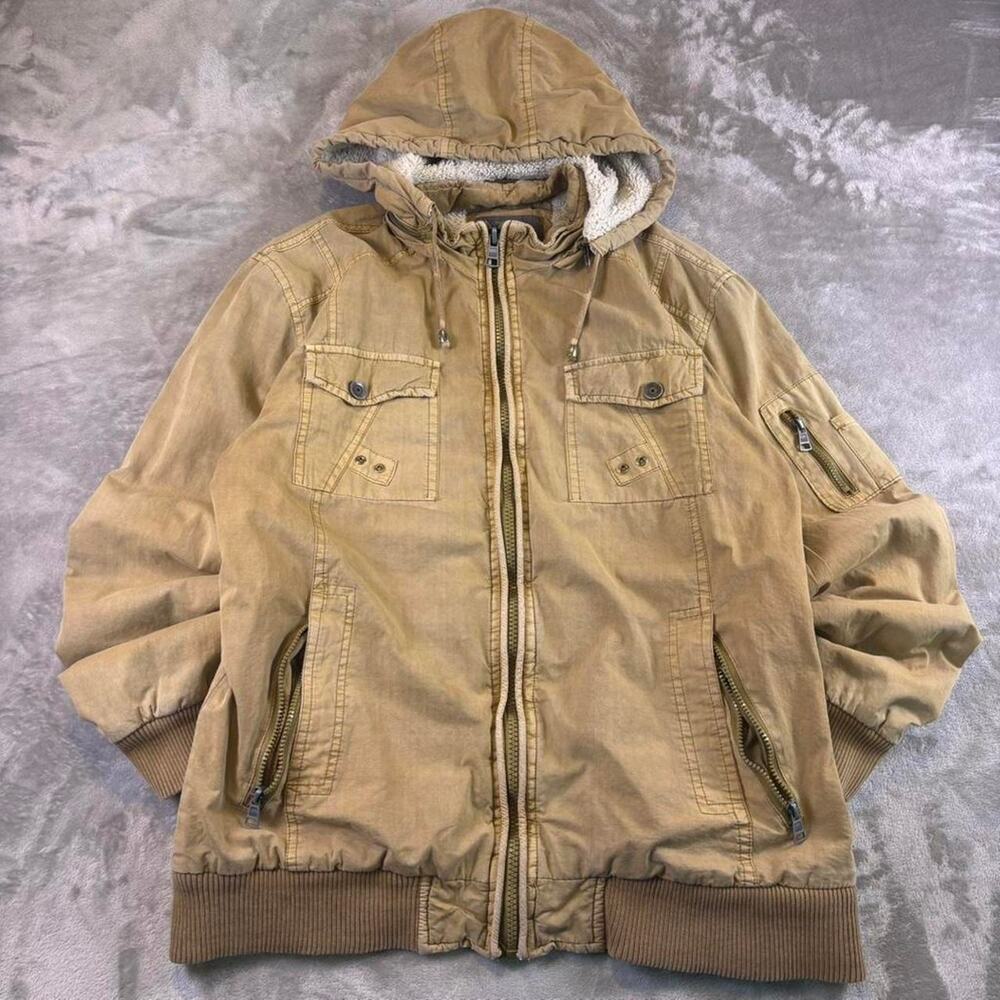 BKE Sherpa Lined Hooded Utility Jacket Khaki Cargo Heavy Duty Jacket Size XL